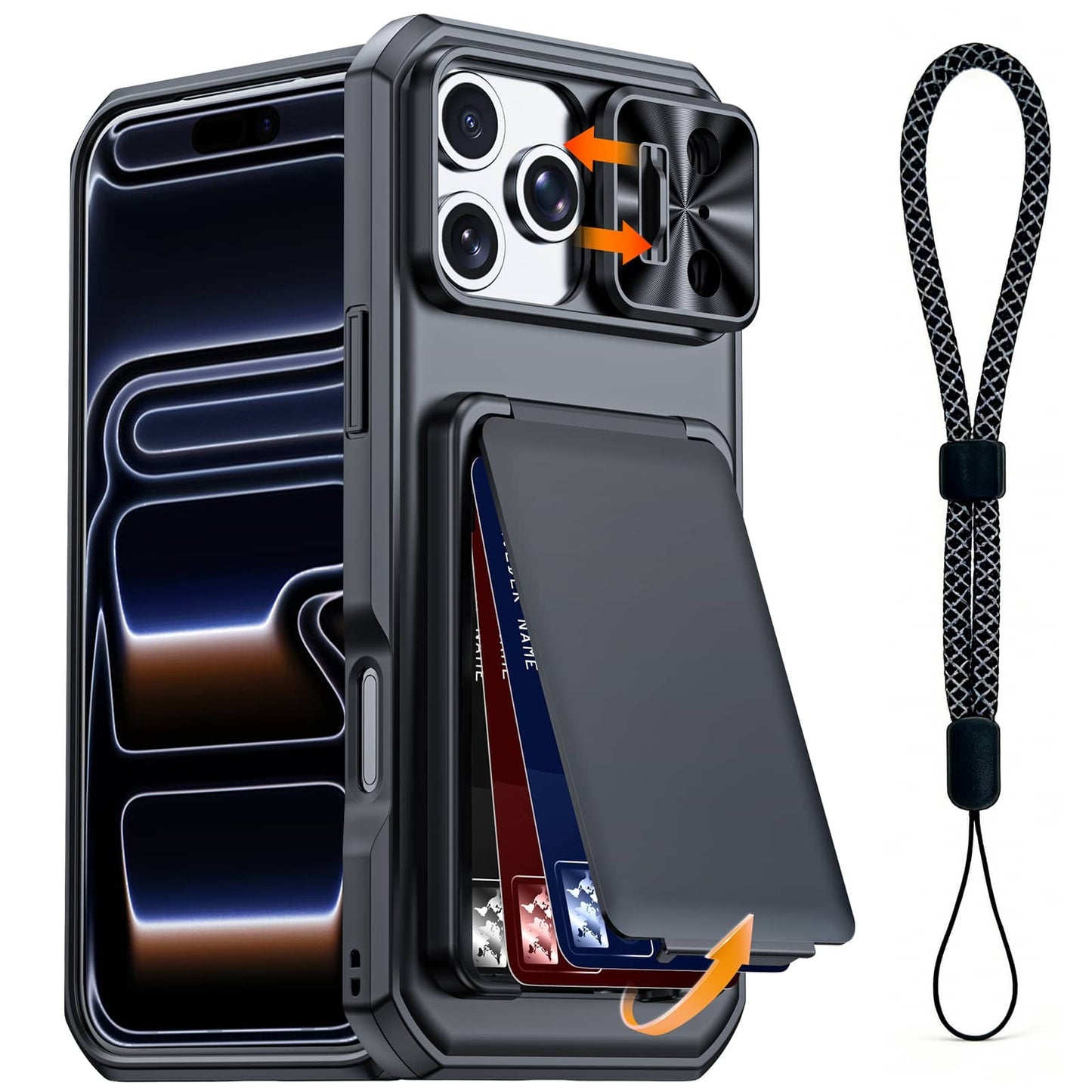 For iPhone 17 16 15 Pro Max Case Wallet+Lanyard Wrist Strap Built-in Card Holder