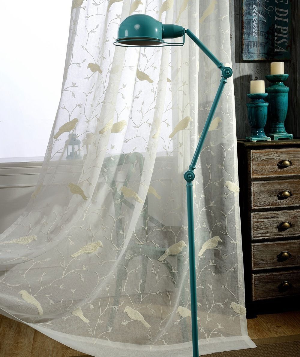 White Pastoral Bird Embroidered Curtains Balcony Linen Sheer Fabric Drape 1Panel