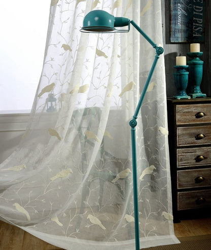 White Pastoral Bird Embroidered Curtains Balcony Linen Sheer Fabric Drape 1Panel