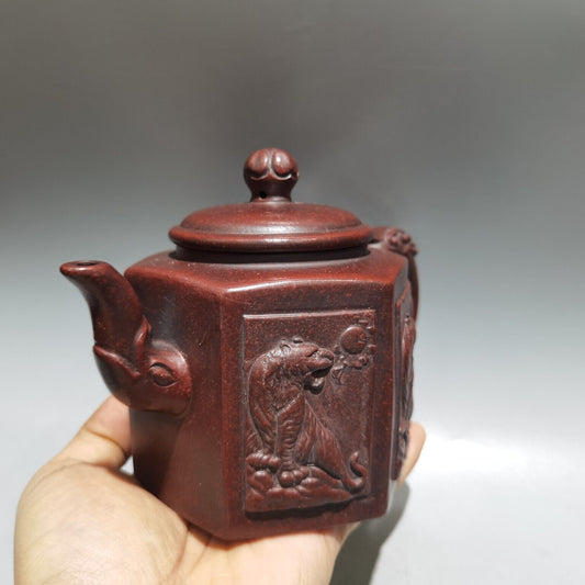 Vintage Chinese Yixing Purple Clay Teapot Zisha Ceramic Carving Tiger Teaware