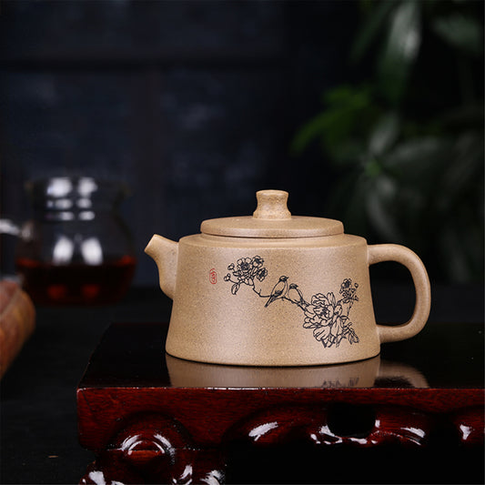 4.9" Collect Chinese Yixing Zisha Pottery Green Ash Mud 245ML Flower Bird Teapot