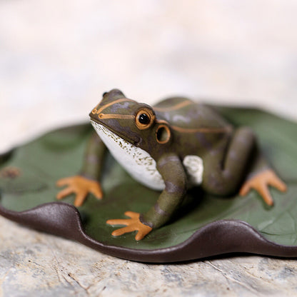 Elegant Tea Pet Full Handmade Frog On Leaf Marked Funny Tea Play Ornament Zisha