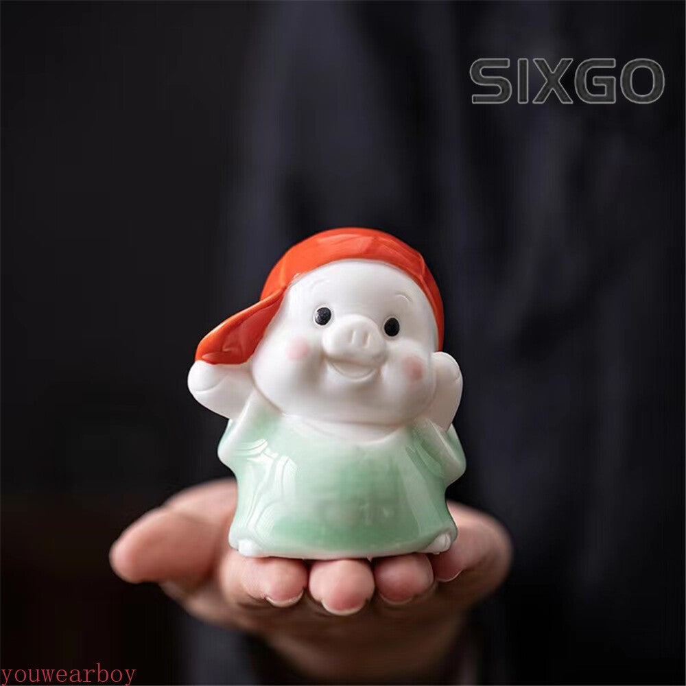 Ceramic Pig Red Cap Tea Pet Porcelain Desktop Ornament Decor Pig Tea Figures