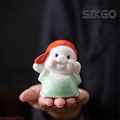 Ceramic Pig Red Cap Tea Pet Porcelain Desktop Ornament Decor Pig Tea Figures