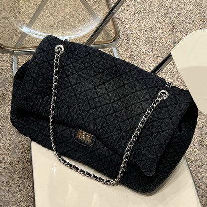Large Quilted Denim Shoulder Bag Flap Purse Double Chains Hobo Fashion Tote