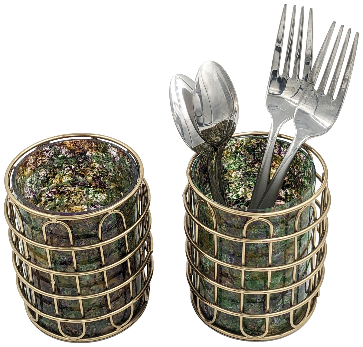 Set of 2 Elegant Stainless Steel (Gold Color) and Green Glass Silverware Holders