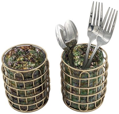 Set of 2 Elegant Stainless Steel (Gold Color) and Green Glass Silverware Holders