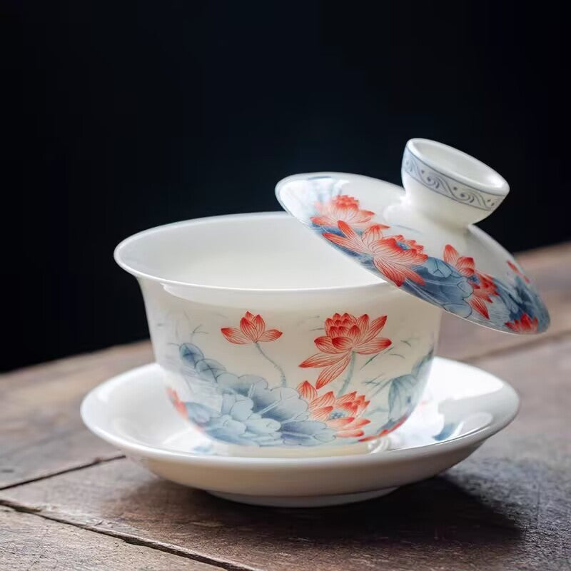 Jingdezhen Ceramic Gaiwan Mutton Jade Porcelain Tureen Matching Tea Cup Pitcher