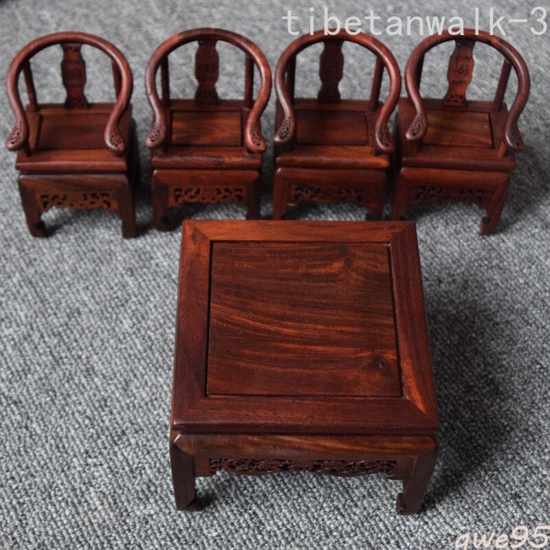 Chinese Mini Rosewood Display Miniature 1 Square Table 4 Chair Furniture Set