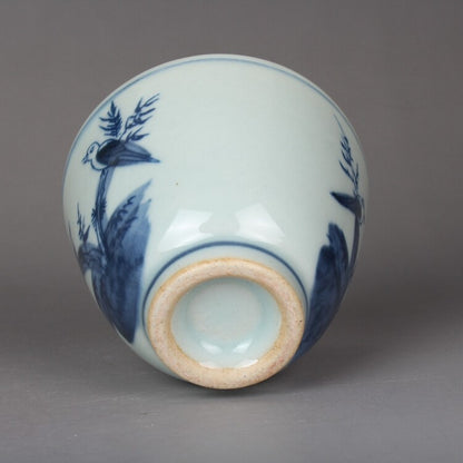2.9" Chinese Jing De Zhen Blue and White Porcelain Flower Magpie Bird Teacup Cup
