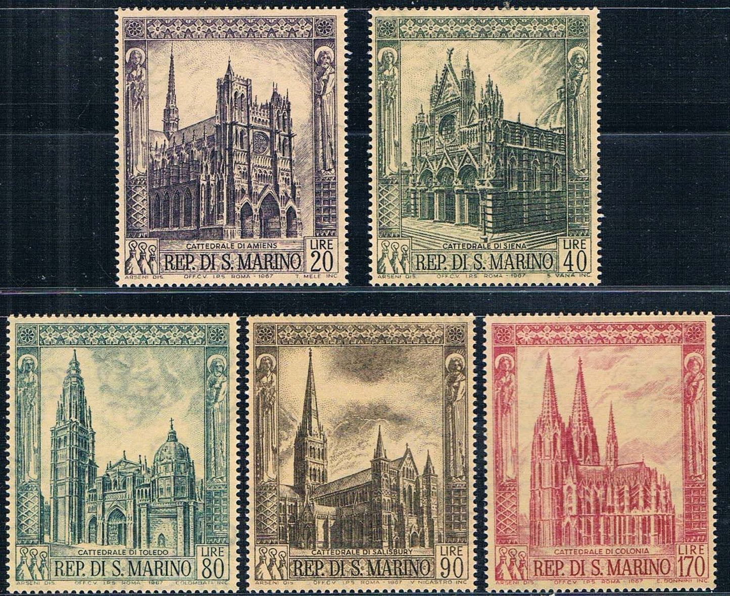San Marino Post Stamp 1967 World Famous Cathedral Sculpture Complete Set 5 Piece