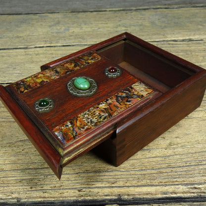 Vintage Rosewood Pull-Out Box, Inlaid Abalone & Gemstones, 12cm