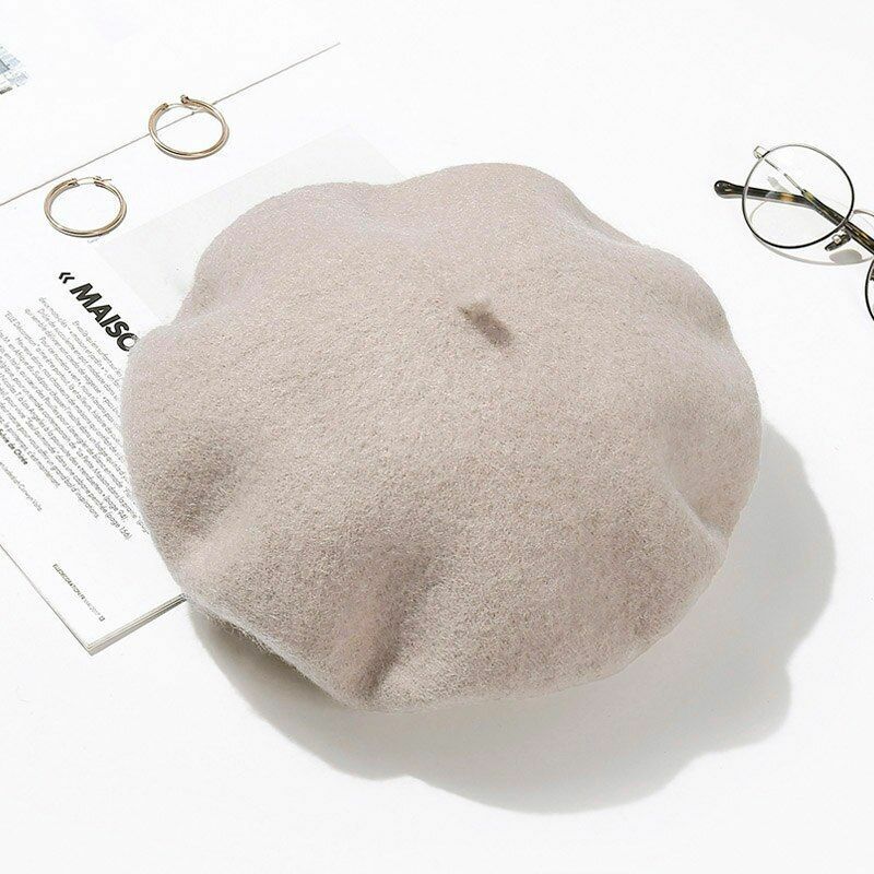 Wool Beret Hats Women Pure Felt British Style Solid Color Slouchy Winter Female
