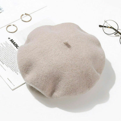 Wool Beret Hats Women Pure Felt British Style Solid Color Slouchy Winter Female