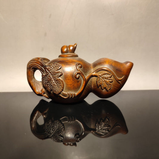 vintage carved wooden gourd statue wood Boxwood small gift Good luck Mahjong pot