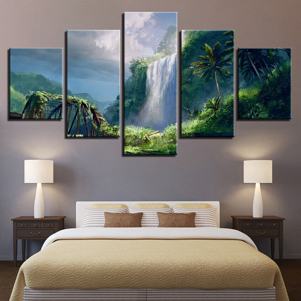 Waterfall Green Trees Landscapes Canvas Prints Painting Wall Art Home Decor 5PCS
