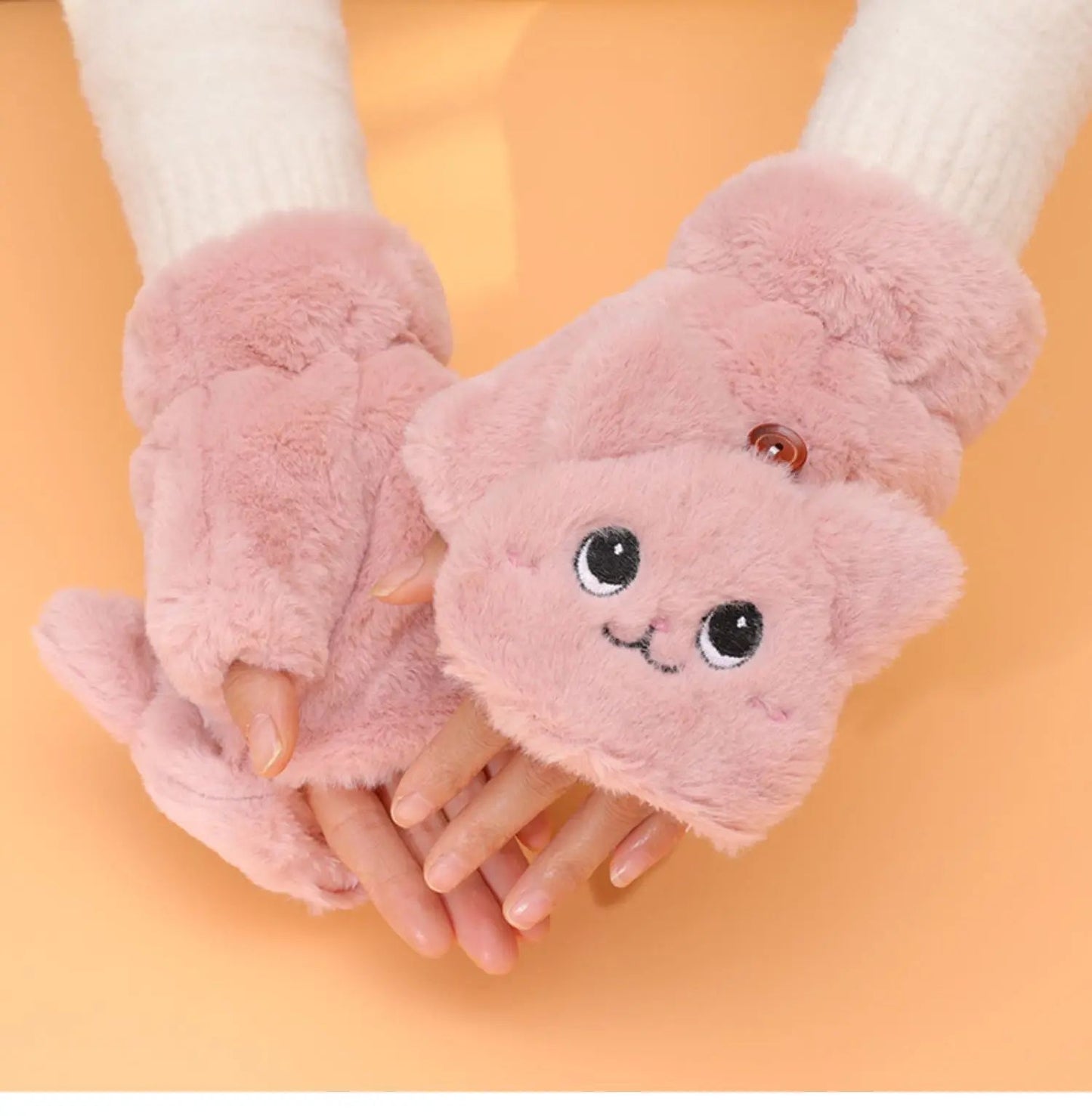 Women Winter Gloves Coral Fleece Half-Finger Style Plush Warm Soft Thick Mittens