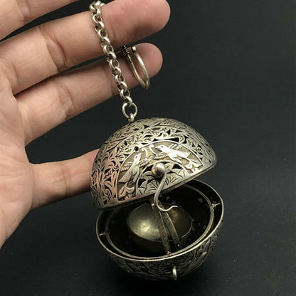 Exquisite Old Chinese tibet silver handcarved flowers bird Hang incense burner 3