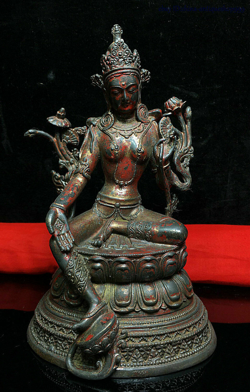 Old Dynasty China Buddhism Tibet Temple Bronze Green Tara Kwan-Yin Buddha Statue