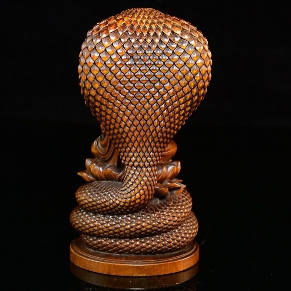 Old Boxwood Carved Snake Buddha Serpent Statue Buddhism Sculpture Decor