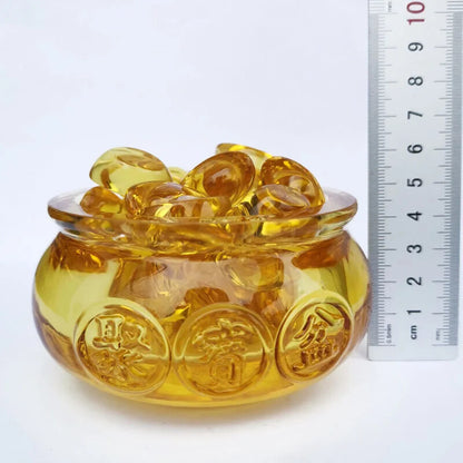 Feng Shui Paperweight Crystal Cornucopia Glass Treasure Bowl with Ingots Coins