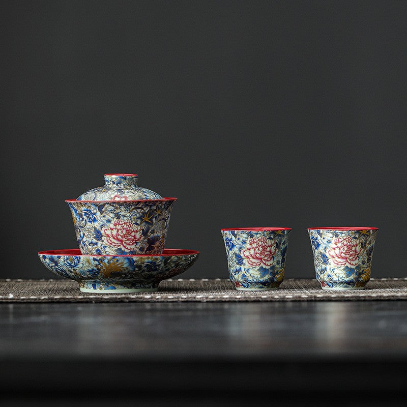 Chinese Gaiwan Color Enamel Craft Ceramic Tureen Covered Bowl Saucer Lid Tea Cup