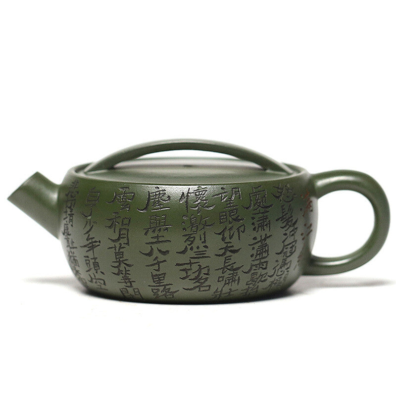 Yixing Zisha Green Clay Tea Pot Carved Character Handmade Large Caliber Teapot