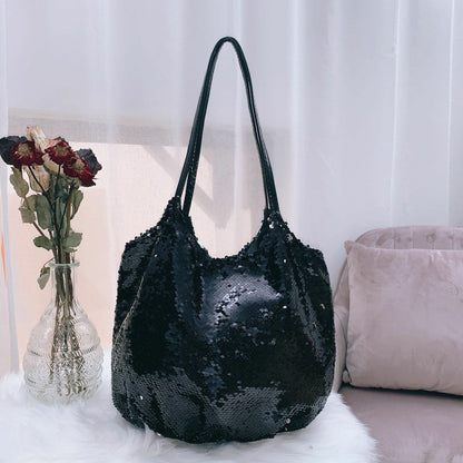 Women Shoulder Bag Large Capacity Sequin Diagonal Soft Handbag Polyester 22x26cm