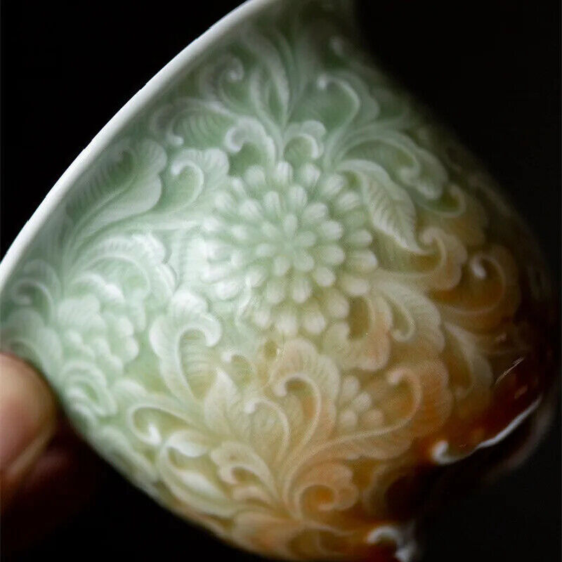 Retro Chinese Style Celadon Carved Flower Relief Ceramic Tea Tureen Gaiwan