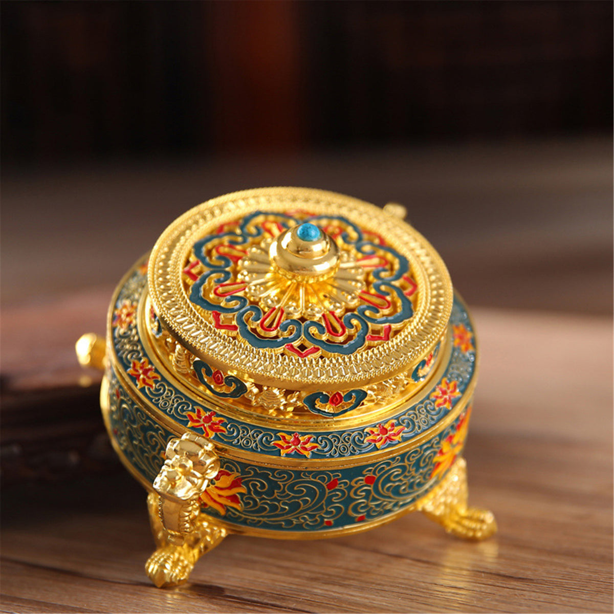 Tibetan Golden Incense Burner Holder Sticks Cones Coils Lotus Buddhism Decor