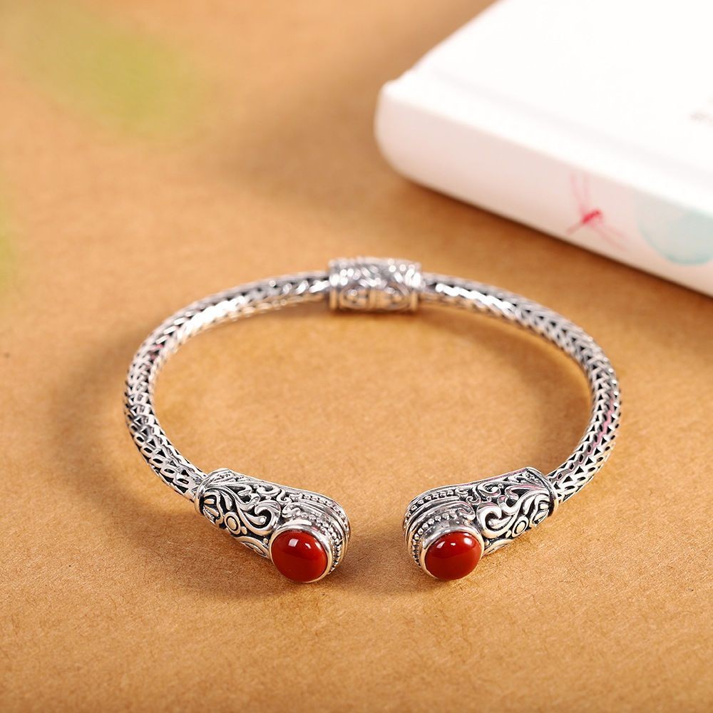 Vintage Carved Bangle Red Agate Inlay Handmade Aged Silver Jewelry