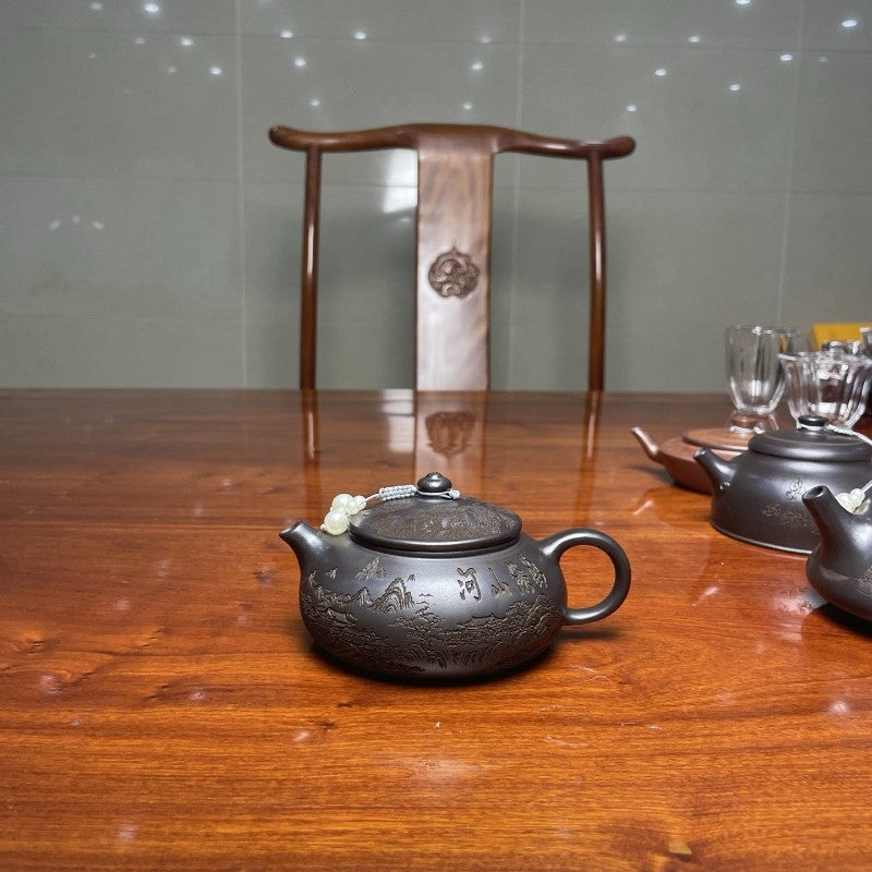 Yixing Zisha Tea Pot "Lone Boat On Cold River" Landscape Design Handmade Pot New