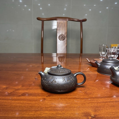 Yixing Zisha Tea Pot "Lone Boat On Cold River" Landscape Design Handmade Pot New