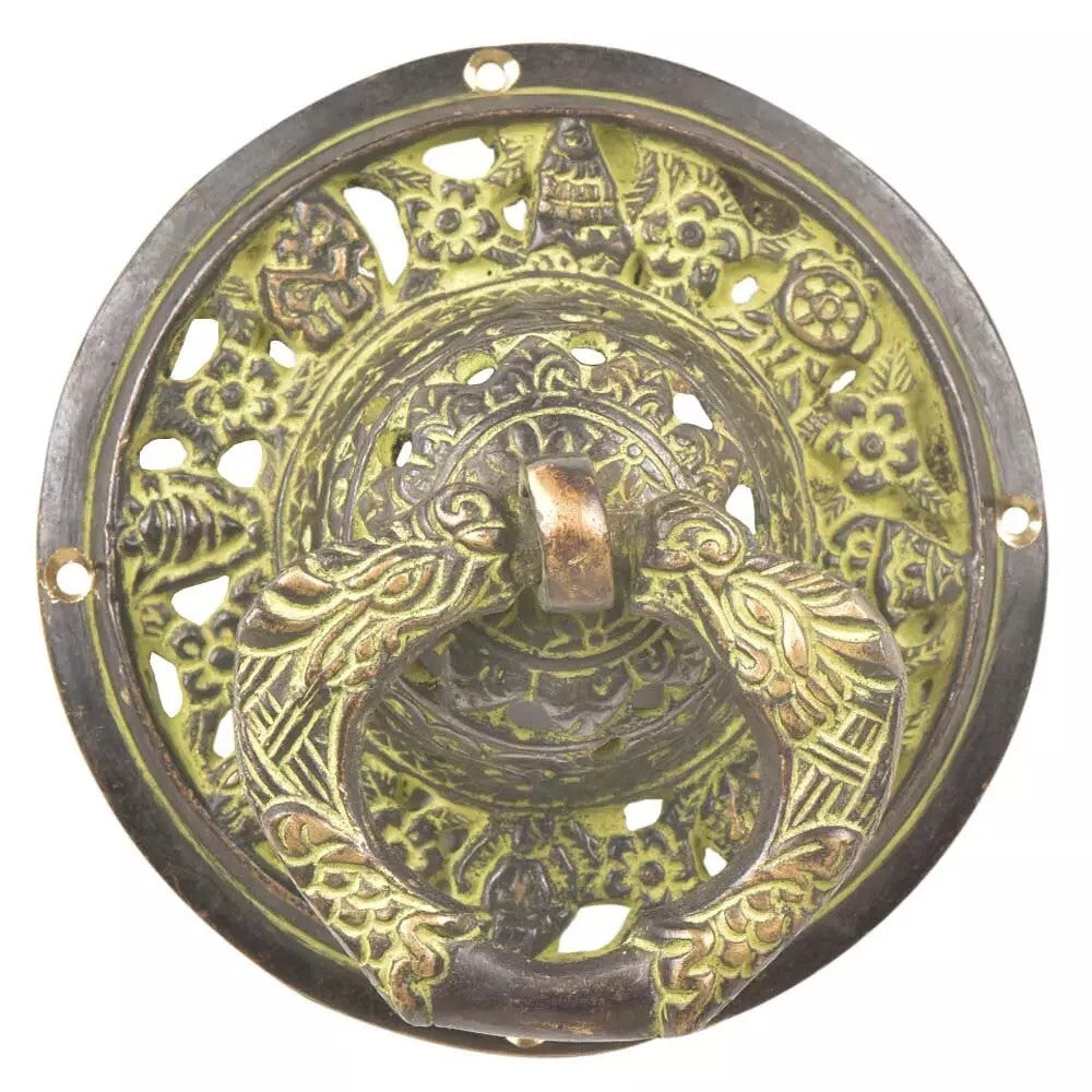 Antique Look Patina Brass Ornate Green Door Knocker Door Bell