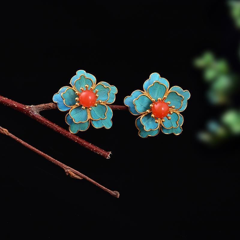 Handmade Cloisonne Peony Flower Stud Earrings Vintage Chinese Style Jewelry