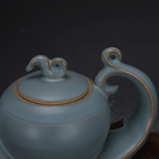 6.5" Chinese Ruyao Green Glaze Porcelain Heteromorphosis Teapot