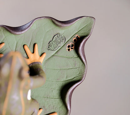Elegant Tea Pet Full Handmade Frog On Leaf Marked Funny Tea Play Ornament Zisha