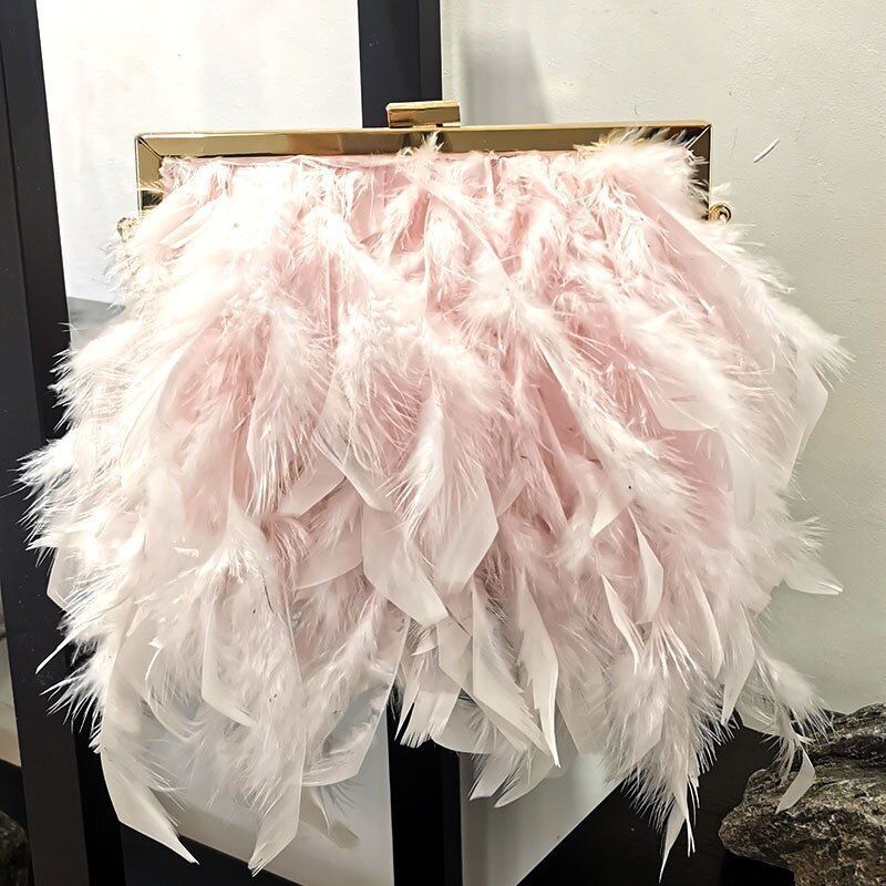 Elegant Purse Feather Handbag Clutch White Pearl Chain Shoulder Bag 20*15*18 CM