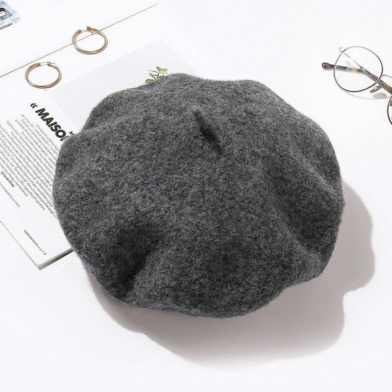 Wool Beret Hats Women Pure Felt British Style Solid Color Slouchy Winter Female