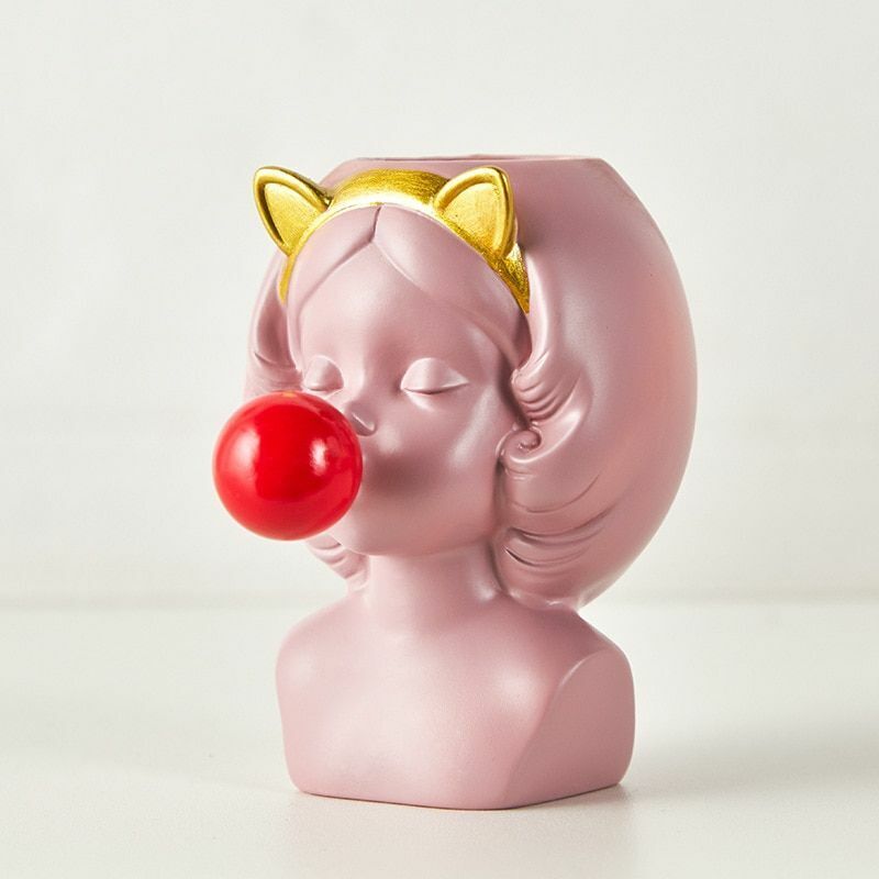 Resin Vase Cute Girl Bubble Gum Figurine Decorative Plant Flower Pot Modern Home