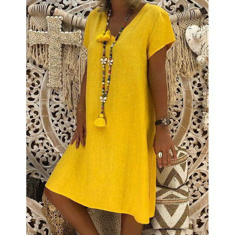 Womens T-Shirt Baggy Plus Size V-neck Ladies Short Sleeve Tops Dress Summer New