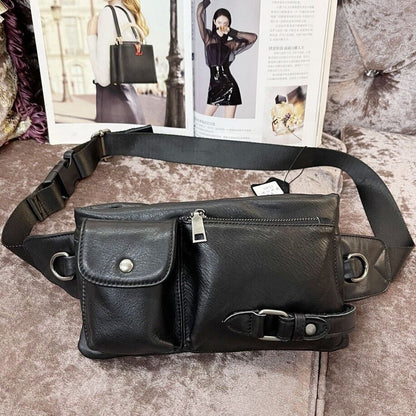Black Men Real Cow Leather Waist Fanny Pack Sport Bags Sling Crossbody Bags