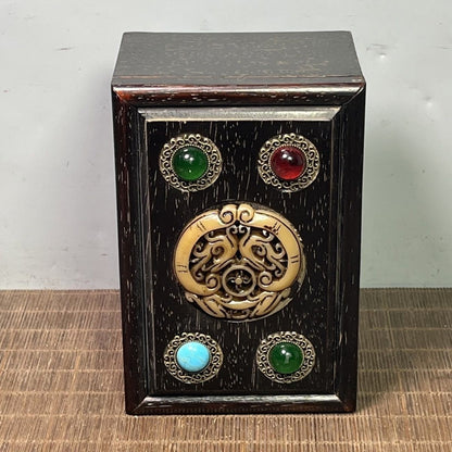 Sandalwood Jewelry Box 15×10×7cm Dragon Inlay Gem Vintage Slide Box