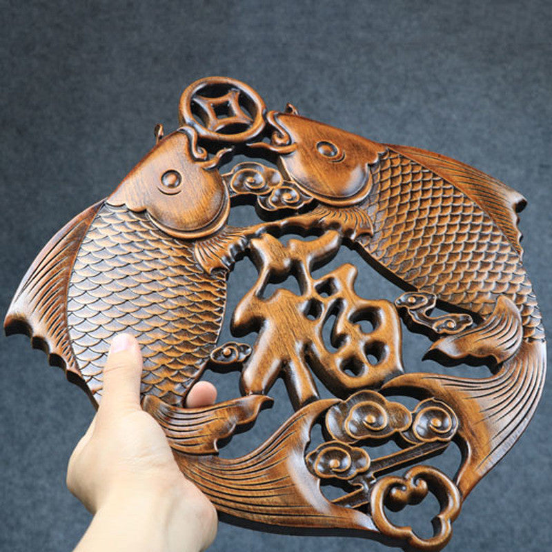Chinese Wood Carved Feng Shui Fish Plaque Sculpture Wall Hanging Wooden Decor