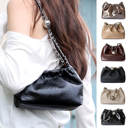Small Mini Ruched Real Leather Clutch Pouch Purse Shoulder Bag w/ Chain Fashion