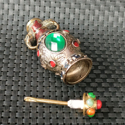 Ancient Chinese Silver and Green Faceted Gemstone Art Bottle