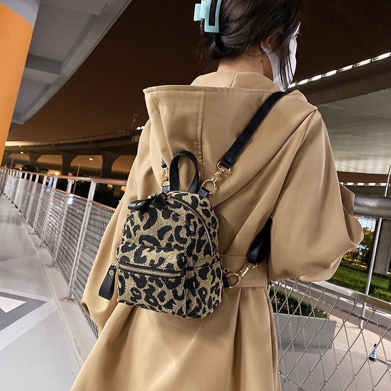 Fashion Backpack Leopard Nylon Shoulder Bag Small School Bag Travel Rucksack 1PC