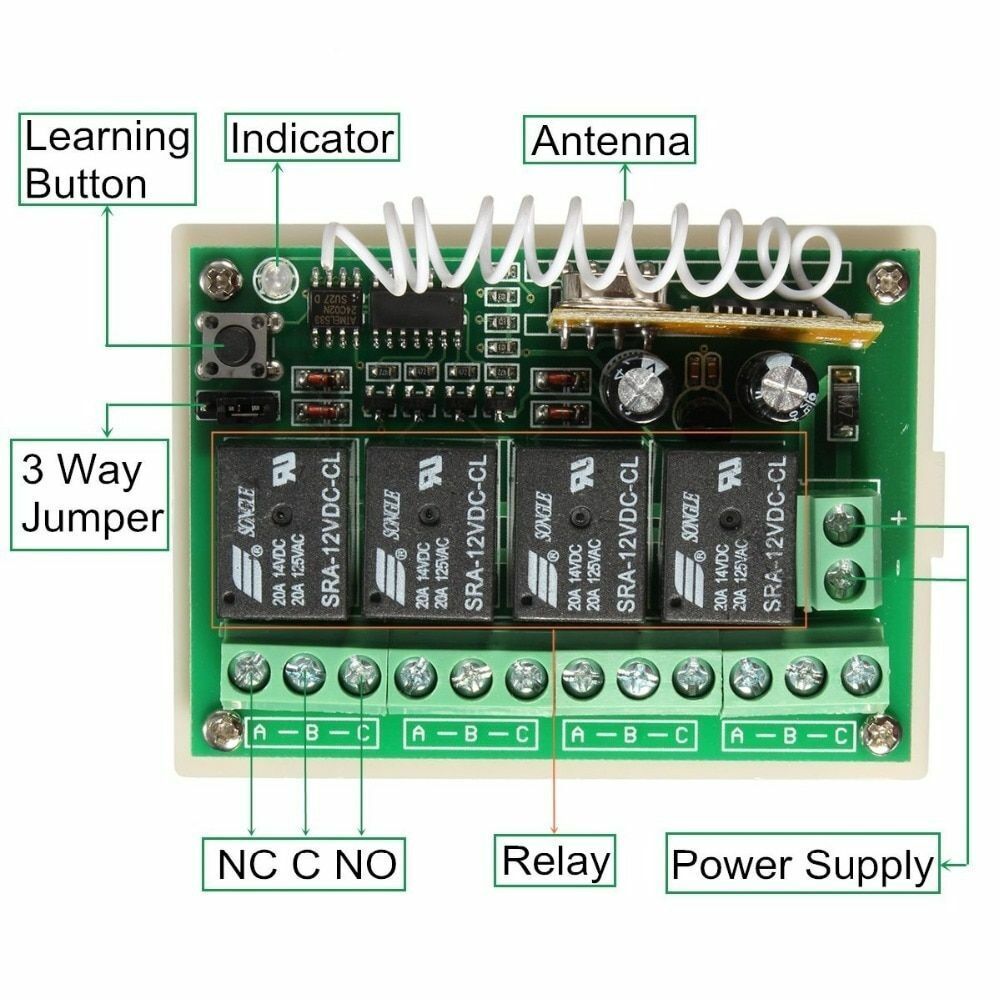 Wireless Remote Control RF Switch 433mhz DC 12V 4CH 4 Channel Relay Receiver 12p