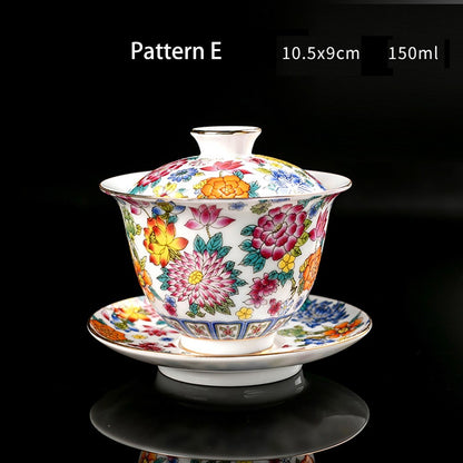 Tea Set Ceramic Gaiwan Floral Tea Cup Lid Saucer Tea Bowl Cup Chinese Porcelain