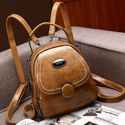 Oil Wax Leather Women's Fashion Small Backpack Mini Cute Shoulder Bag Rucksack